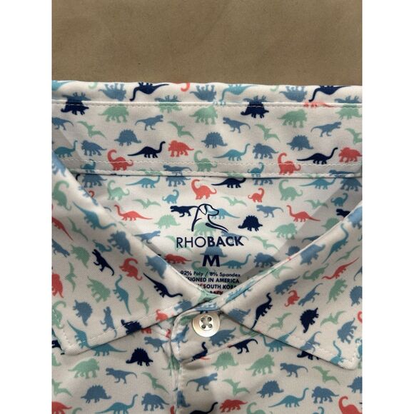 Rhoback Mens Medium Dinosaur Print Pattern Multicolor Golf Polo Shirt - Picture 3 of 7